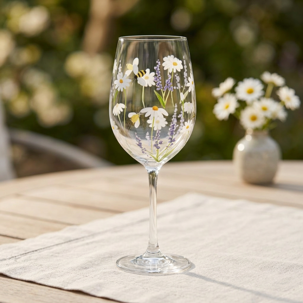 Coupe à vin Abbott à motifs de fleurs et d’abeille sur une table champêtre avec du linge crème.