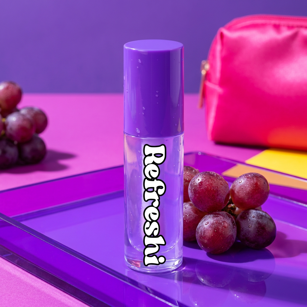 Huile à lèvres Refreshi Raisin Surette dans une ambiance beauté violette et rose vif avec des raisins.