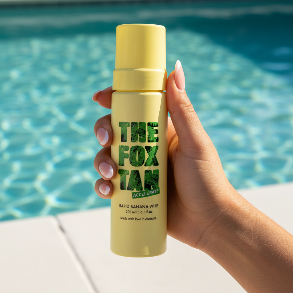 The Fox Tan Rapid Banana Whip tenu dans les mains près d’une piscine