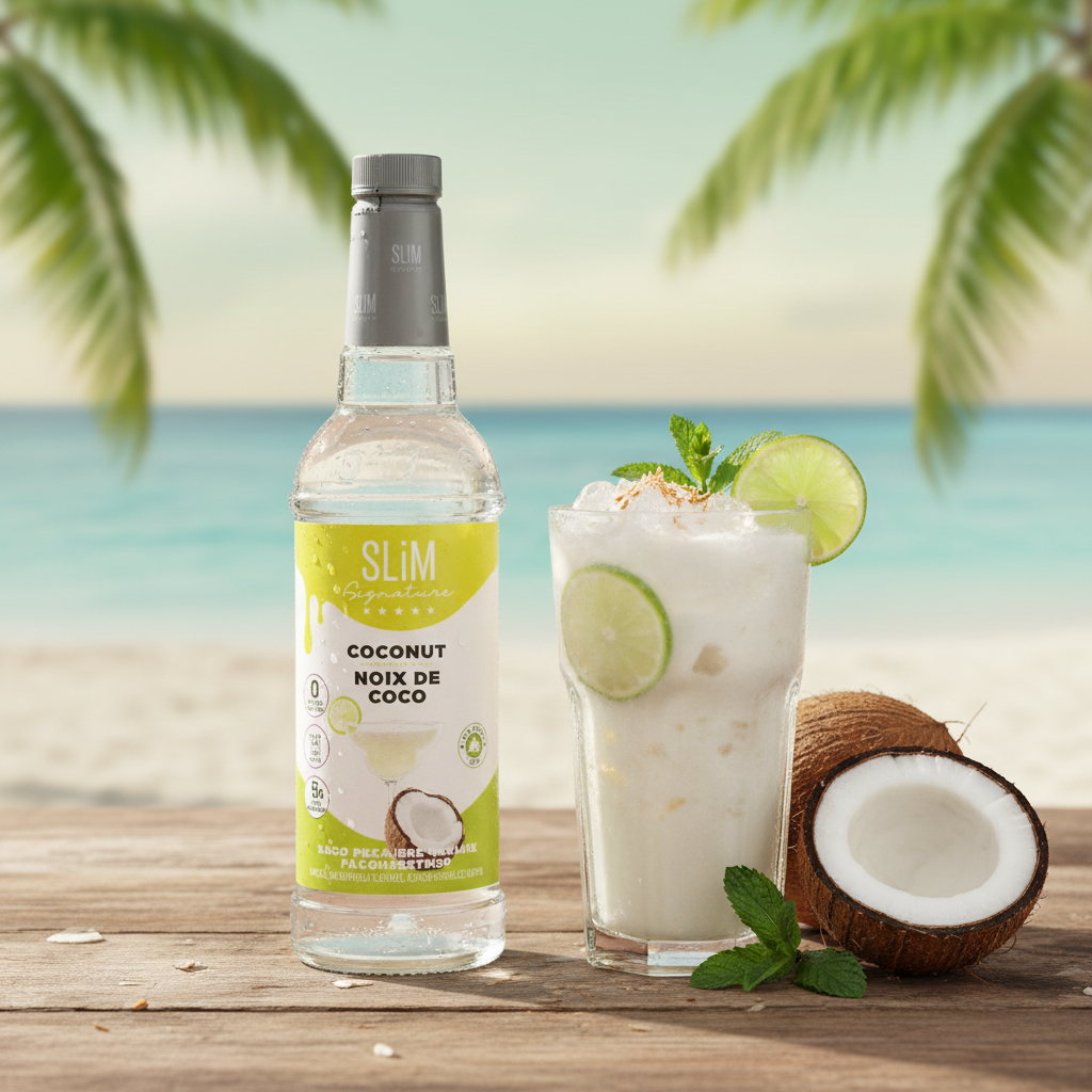 Sirop SLiM Noix de Coco avec cocktail tropical glacé et noix de coco fraîche