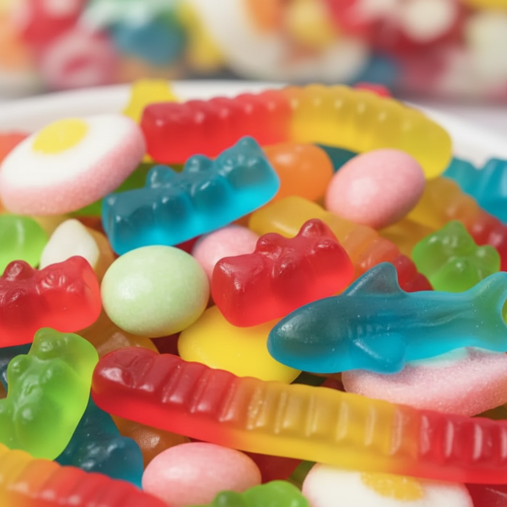Gros plan de jujubes mous colorés brillants — oursons, vers, grenouilles, requins en rouge, bleu, jaune, vert, orange, rose