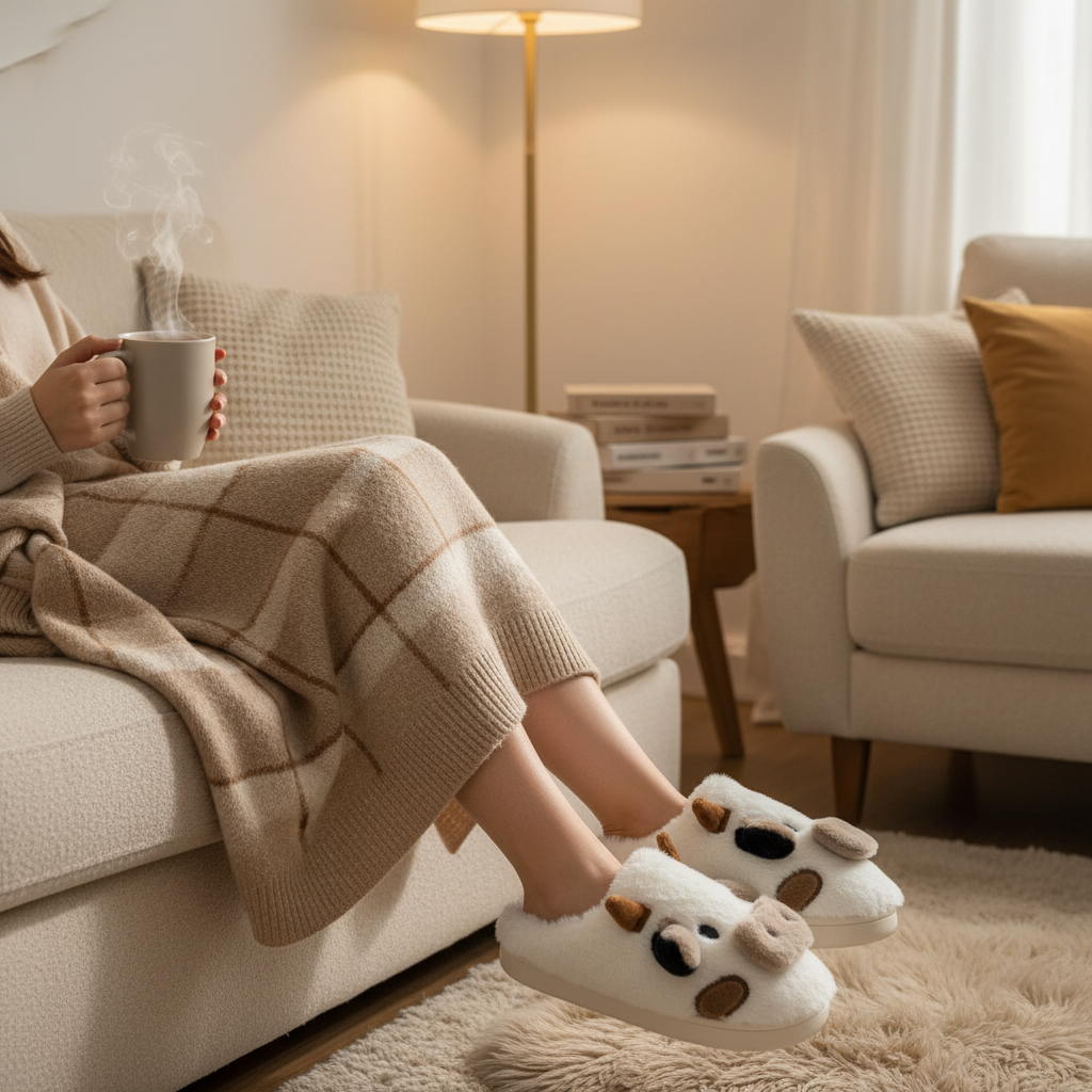 Pantoufles peluche vache taches beige portées sur un canapé confortable avec couverture, ambiance cocooning