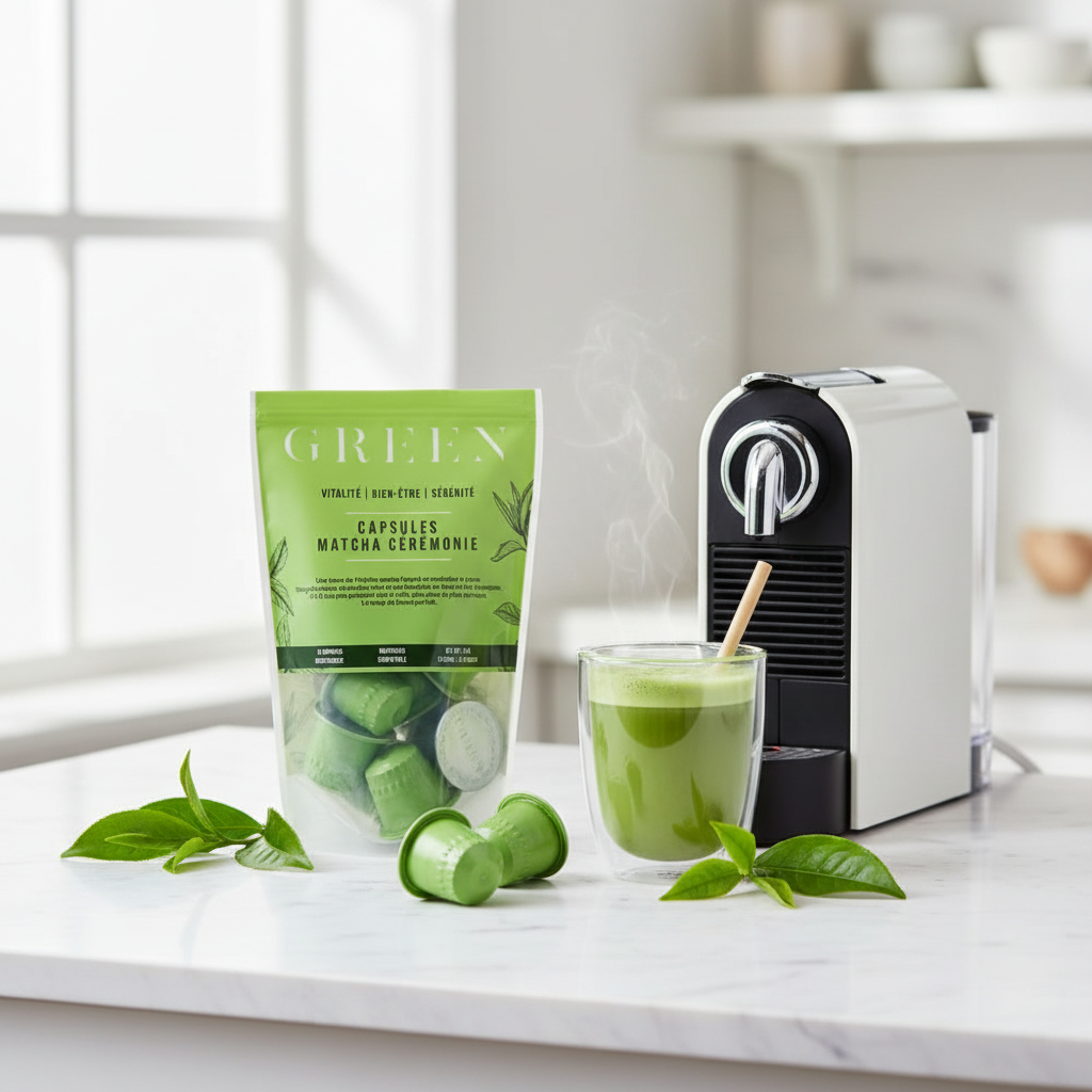 Capsules matcha vertes GREEN sur marbre avec latte matcha et feuilles de thé