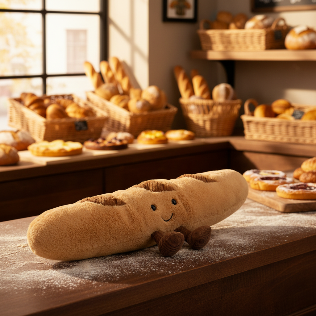 Jellycat Amuseable Baguette — Peluche baguette française en ambiance boulangerie artisanale