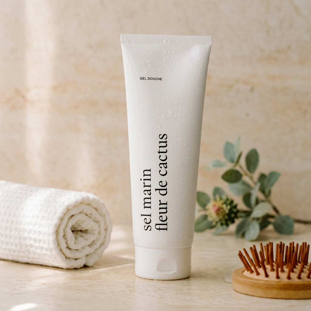 Gel douche Sel marin et fleur de cactus Marée dans une ambiance salle de bain crème
