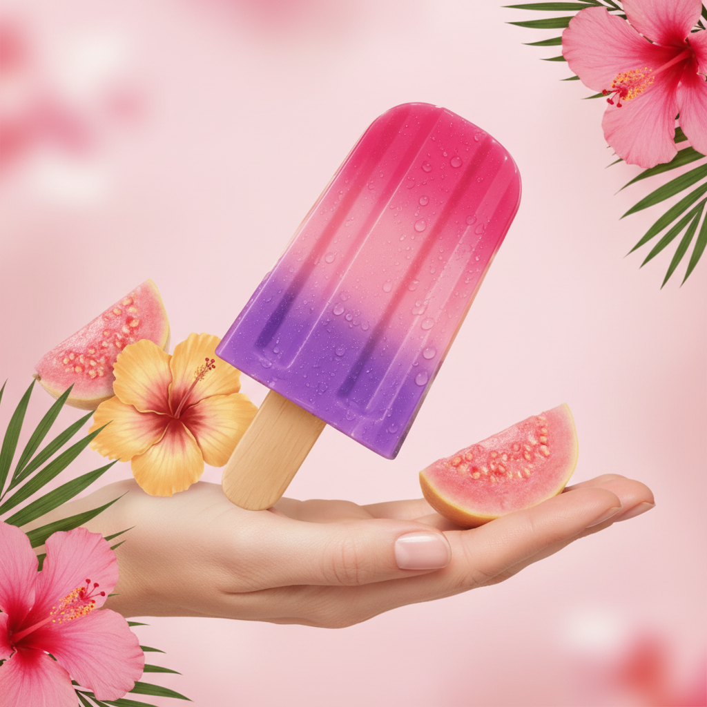 Main tenant le flacon popsicle Sol Beauty Guava Colada rose-violet avec fleurs tropicales