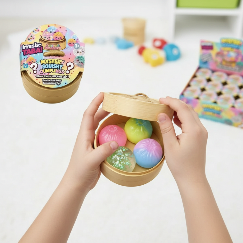 Enfant ouvrant le panier vapeur Irresis-TABA Mystery Squishy Dumplings pour découvrir les squishies surprises