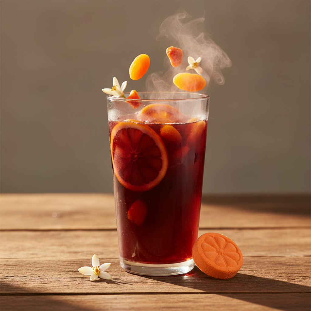 Bombes Sangria se dissolvant dans un verre de sangria, ambiance méditerranéenne estivale