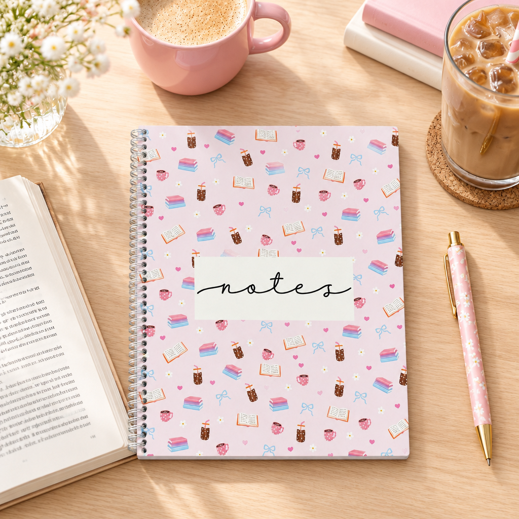 Cahier de notes à motifs de livres et cafés présenté sur un bureau avec une tasse, un café glacé et un livre