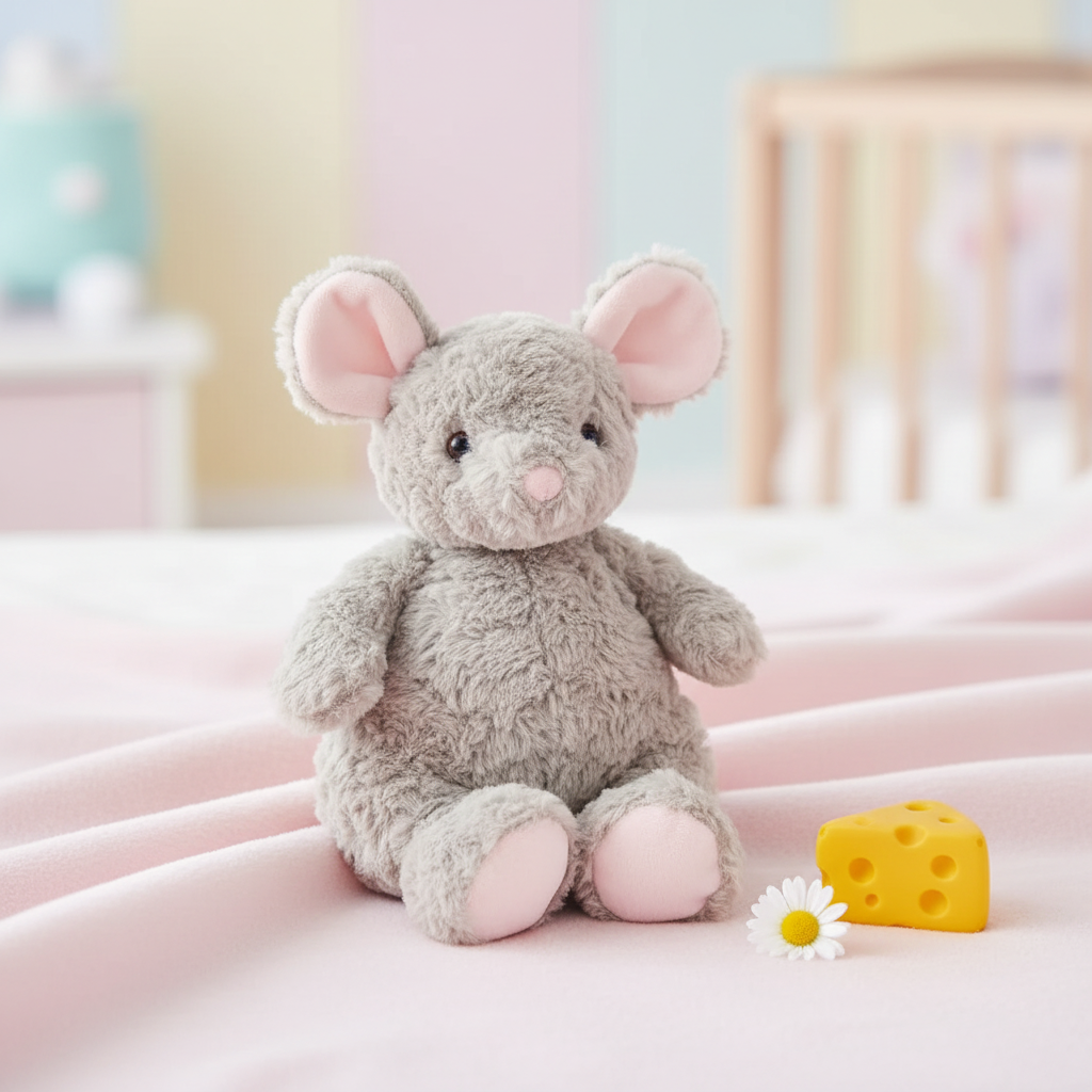 Souris bitty gris peluche Mon Ami sur couverture rose pastel ambiance nurserie cosy
