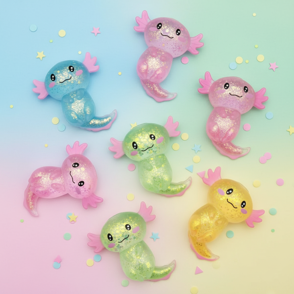 Axolotl squishy glitter colorés sur surface pastel avec confettis et étoiles