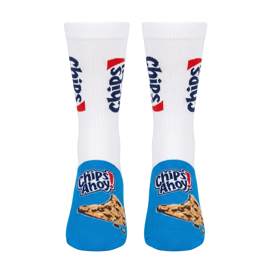 Paire de chaussettes Chips Ahoy blanches et bleues à motifs de biscuits sur fond blanc.