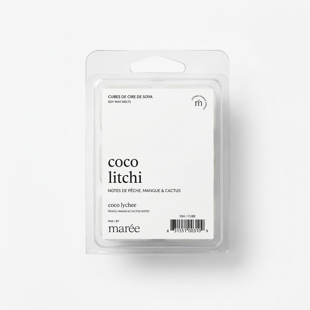 Cubes de cire de soya Coco et litchi Marée sur fond blanc