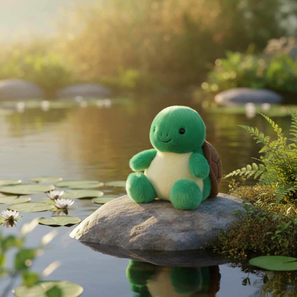 Peluche tortue Honu Aurora verte souriante dans ambiance nature lifestyle