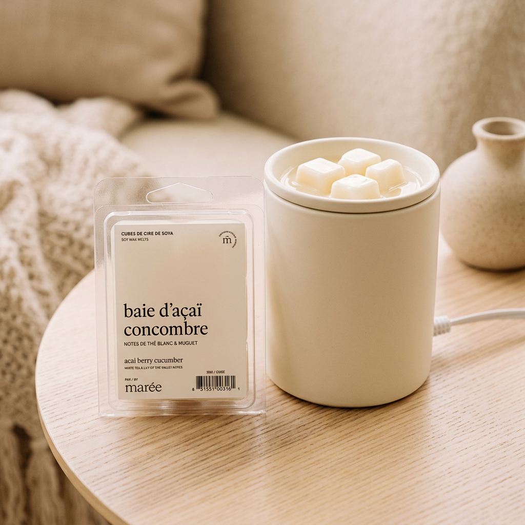Cubes Baie d’açaï et concombre Marée avec un chauffe-cire crème dans un décor chaleureux