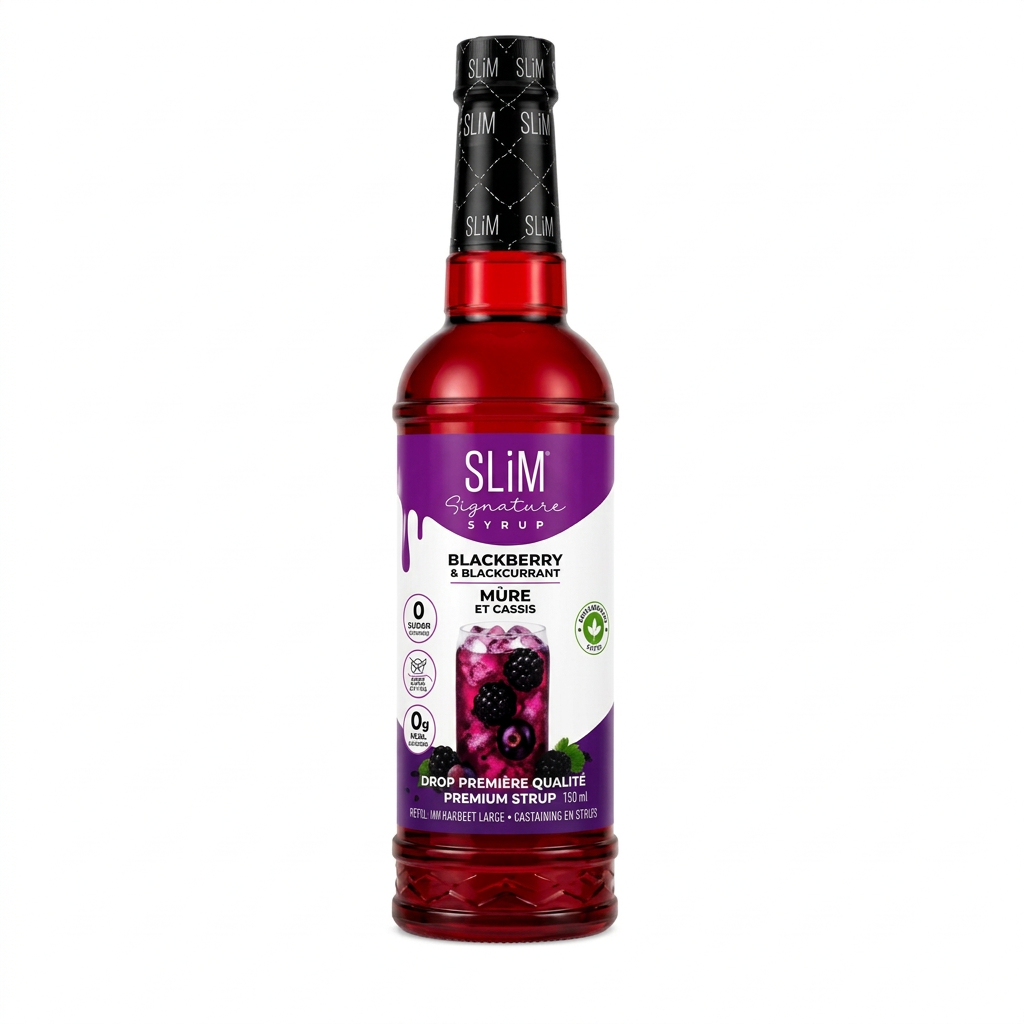Bouteille de sirop Slim mûre et cassis sur fond blanc, cadrage serré carré.