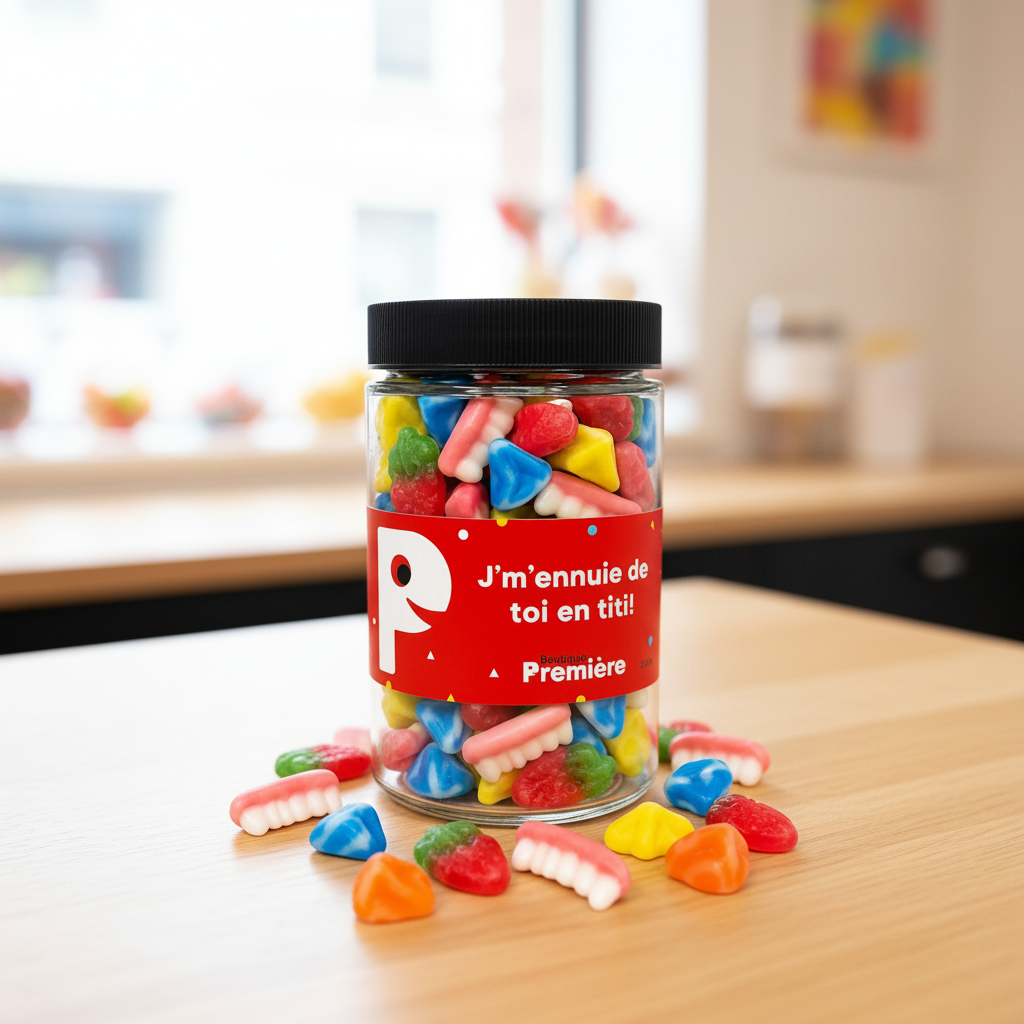 Pot de jujubes réutilisable rouge rempli de bonbons colorés, étiquette J'm'ennuie de toi en titi