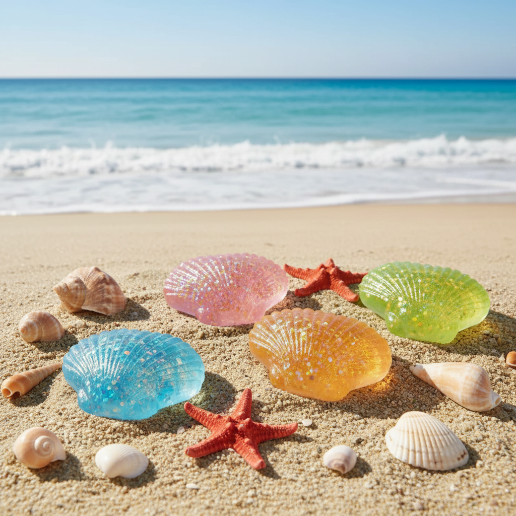 Jouets anti-stress coquillage glitter sur sable de plage avec vrais coquillages et étoiles de mer