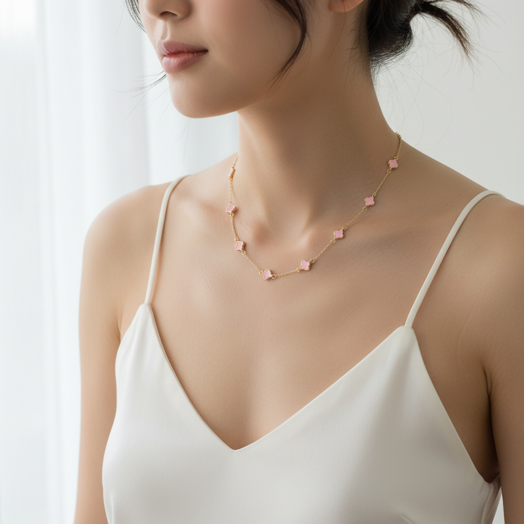 Collier trèfle émail rose porté au cou lifestyle