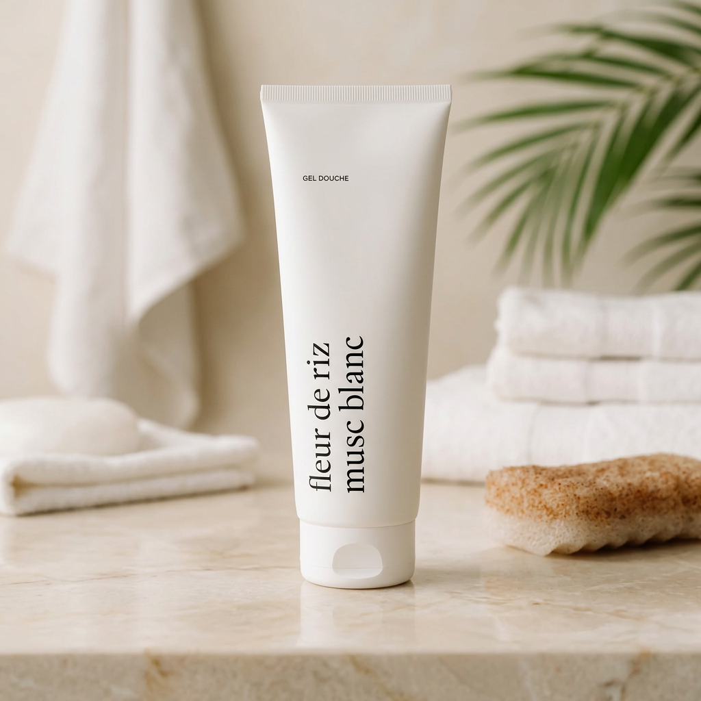 Gel douche Fleur de riz et musc blanc Marée dans une ambiance salle de bain crème
