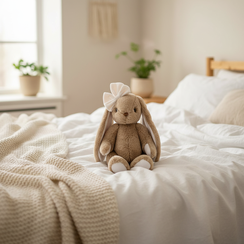 Lapin Gabrielle Bukowski sur lit cozy avec linge blanc