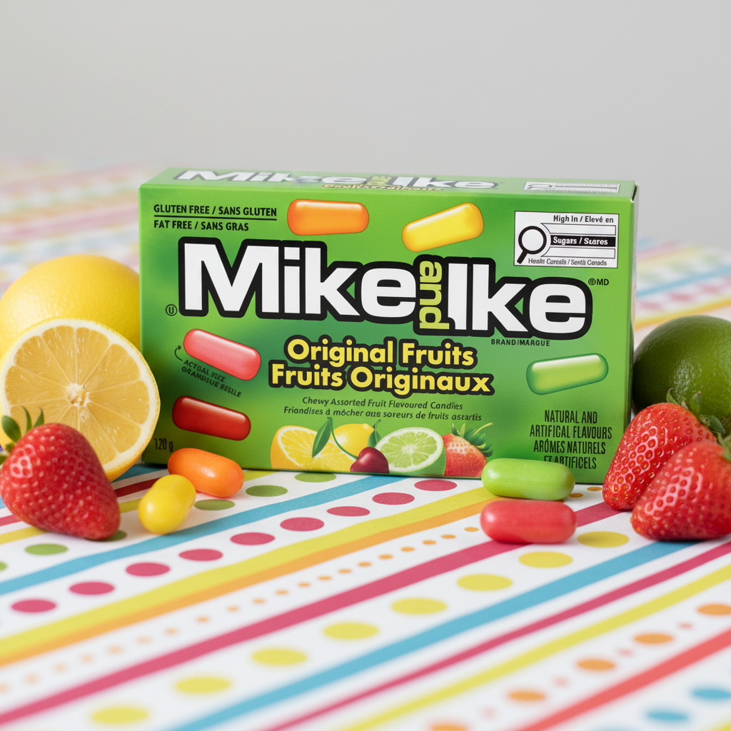 Boîte Mike and Ike Fruits Originaux avec bonbons colorés et fruits frais