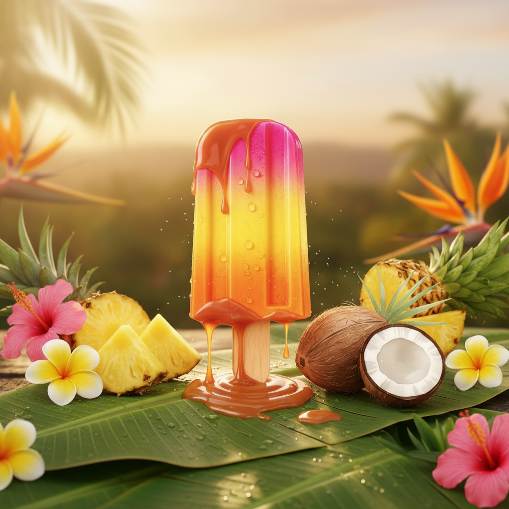 Flacon popsicle Sol Beauty Caramel Dream sur surface tropicale avec caramel, ananas et noix de coco