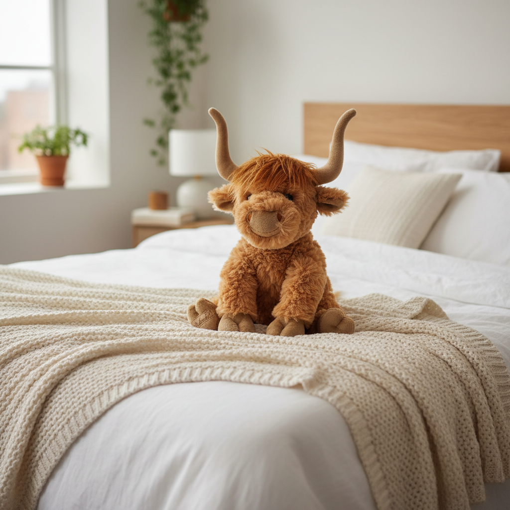 Boeuf Henderson peluche sur lit cozy avec linge blanc