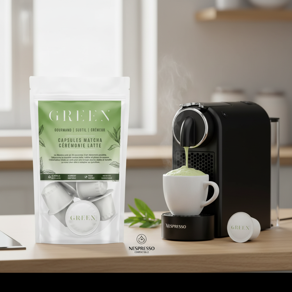 Sachet GREEN Capsules Matcha Latte avec machine Nespresso et latte crémeux