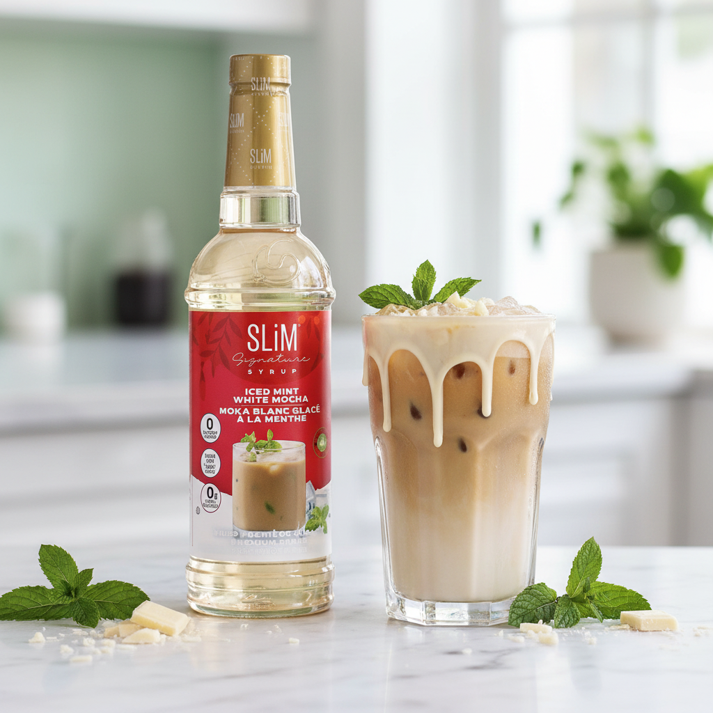 Sirop SLiM Moka Blanc Glacé Menthe avec café glacé, chocolat blanc et menthe fraîche, ambiance café estival