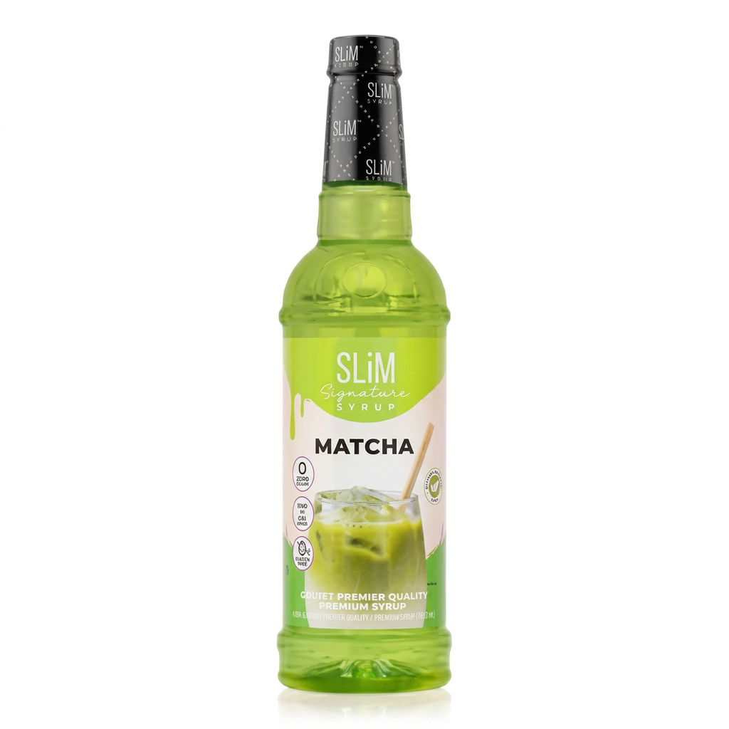 Bouteille de sirop matcha Slim sur fond blanc, format carré et cadrage serré.
