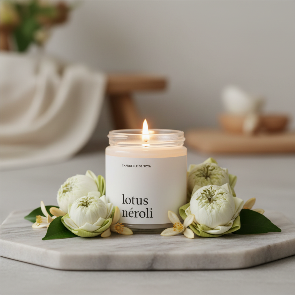 Chandelle de soya Lotus Néroli allumée sur surface en marbre, ambiance zen et florale
