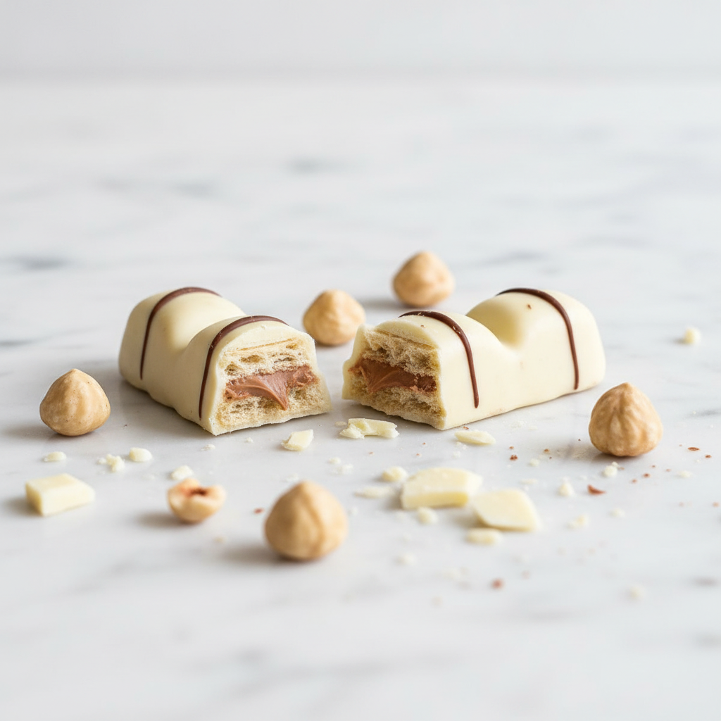 Kinder Bueno White cassé montrant la gaufrette et crème noisette