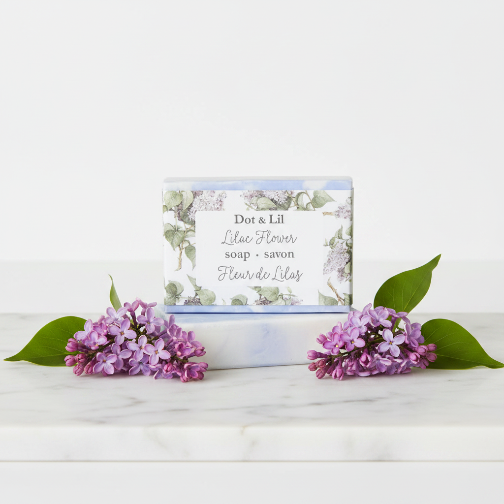Savon Fleur de Lilas Dot & Lil sur marbre avec lilas frais