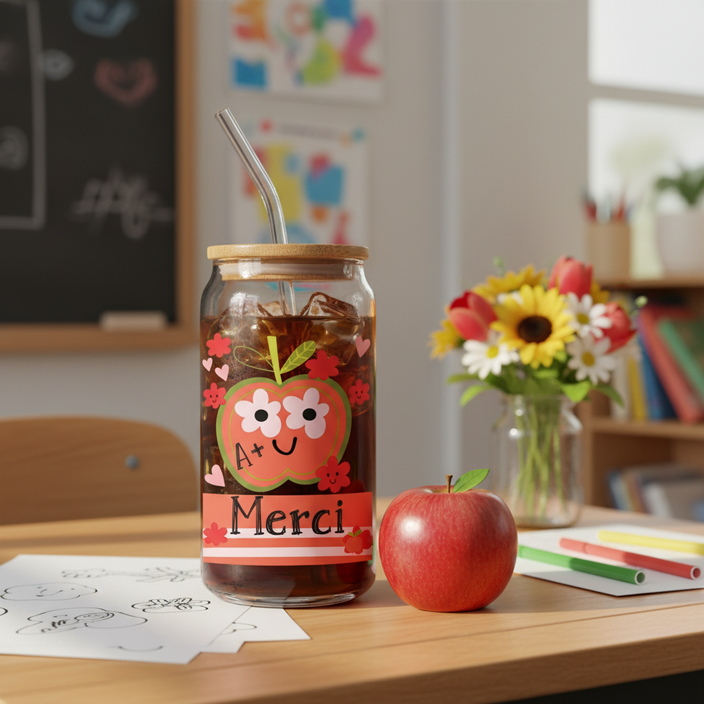 Verre Merci A+ rempli de café glacé sur bureau de classe