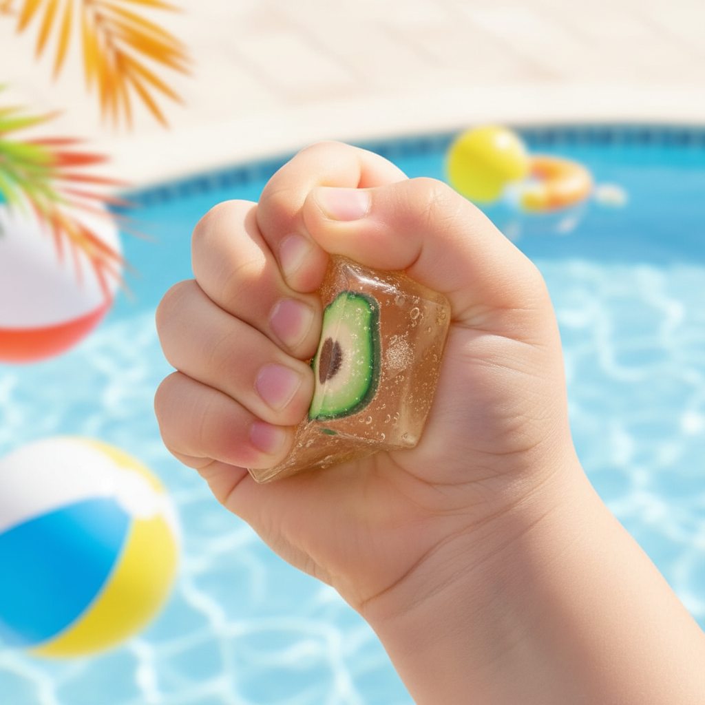 Main qui squeeze le cube squishy glaçon translucide avec avocat à l’intérieur