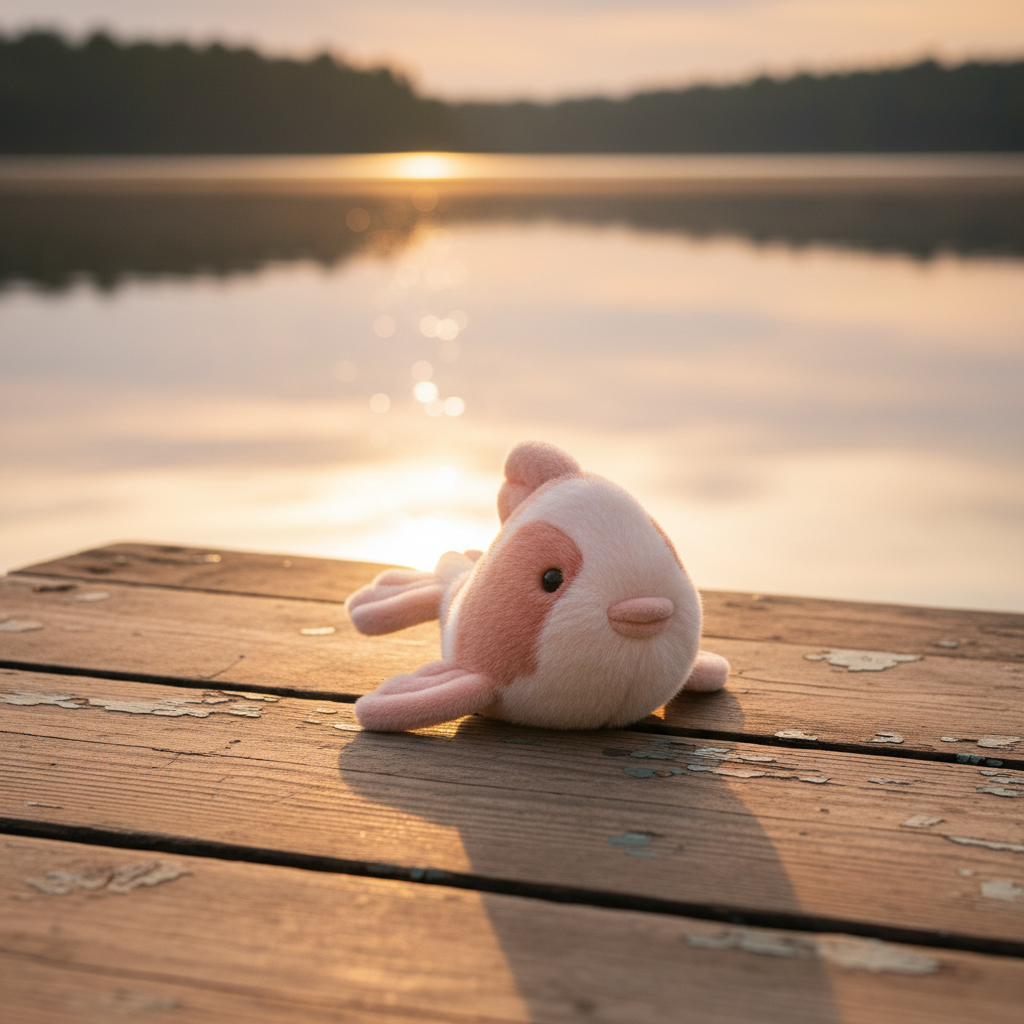 Peluche Fancy Carp Jellycat sur un quai en bois au bord d’un lac, lumière dorée