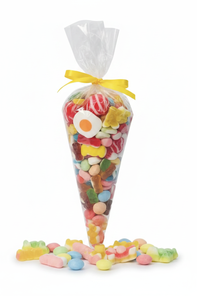 Grand cône en plastique transparent rempli de bonbons colorés assortis avec ruban jaune sur fond blanc