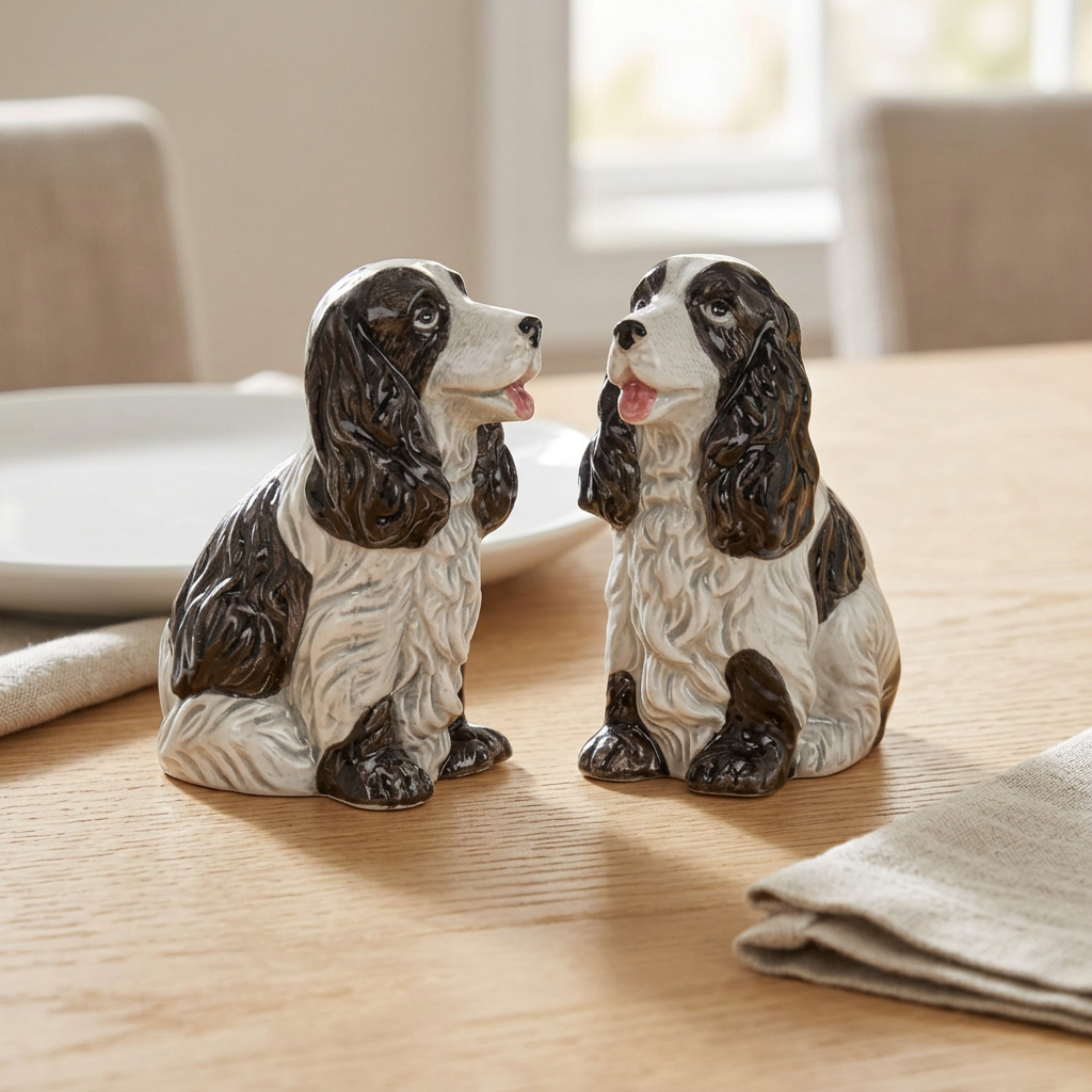 Duo salière et poivrière chiens épagneuls noirs et blancs sur une table dressée.