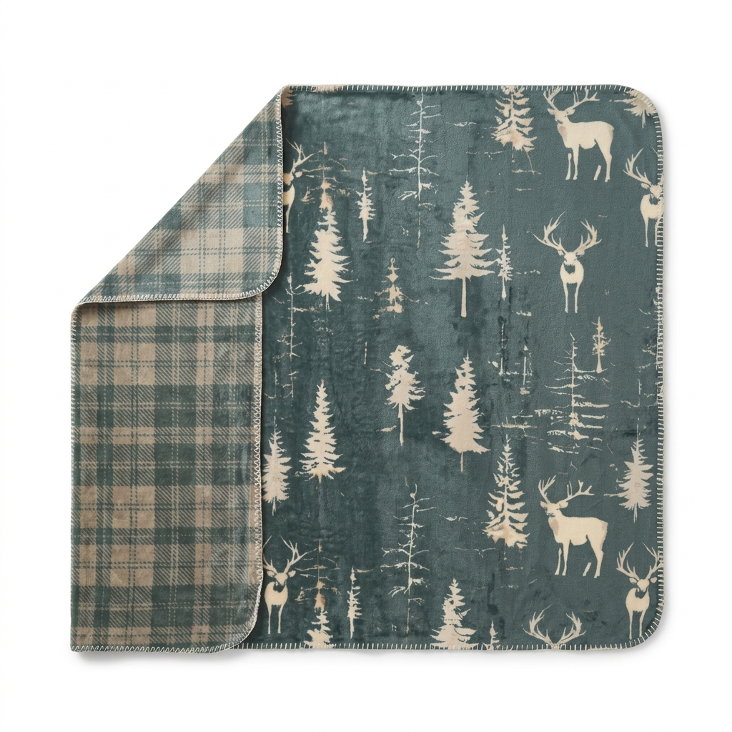 Couverture Deer Stand à motifs de cerfs et de sapins avec revers à carreaux sur fond blanc