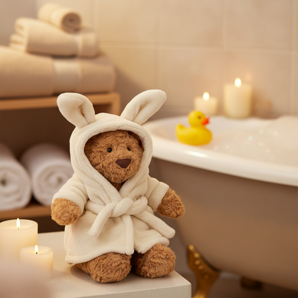 Jellycat Ours Bathrobe Bartholomew — Peluche ours caramel en robe de chambre crème dans une salle de bain cosy