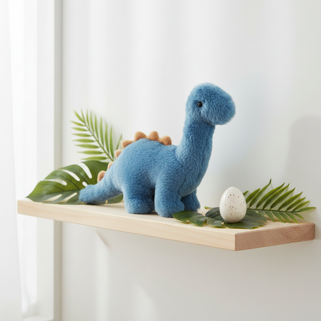 Peluche dinosaure brontosaure bleu Barry Mon Ami sur étagère avec plantes tropicales ambiance chambre enfant