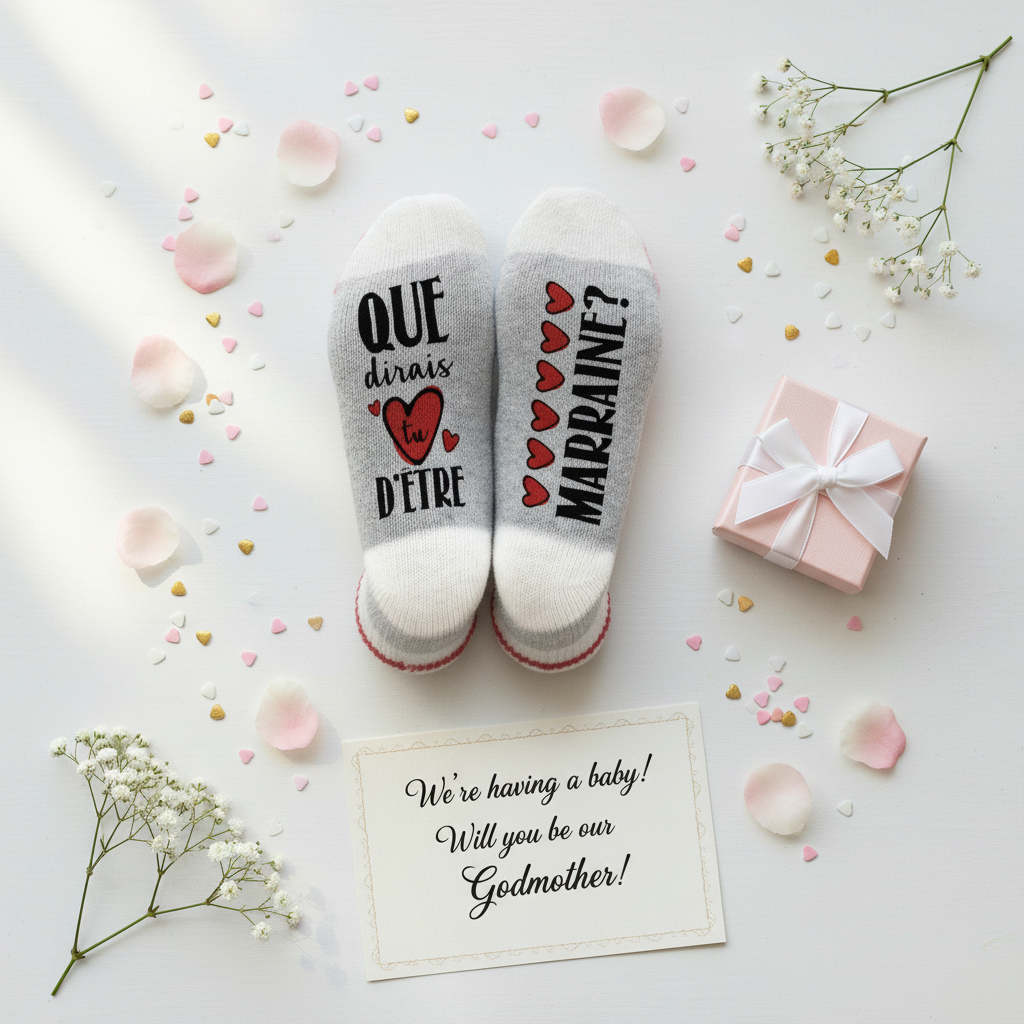 Bas de laine Marraine flat lay avec fleurs roses et boîte cadeau