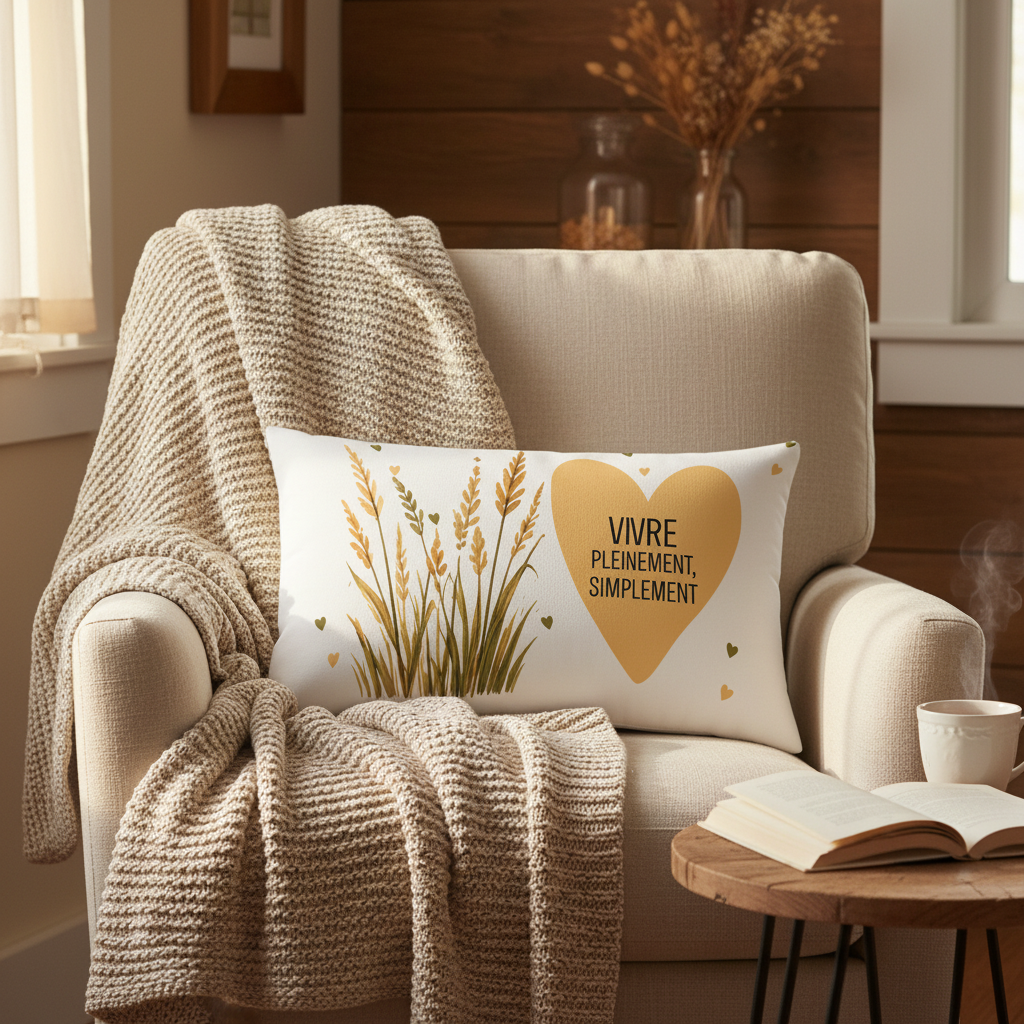 Coussin Vivre Pleinement Simplement - décor fauteuil cosy champêtre