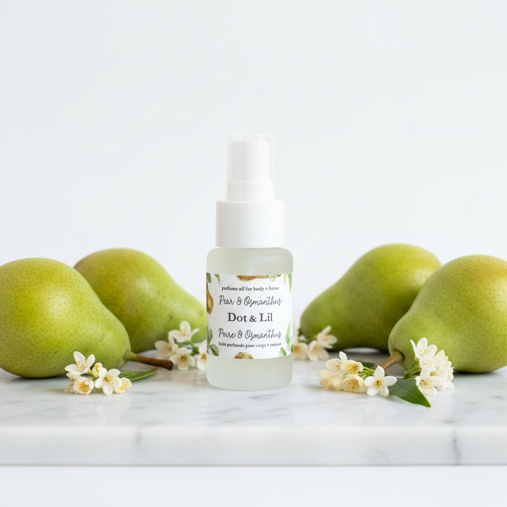 Huile parfumée Poire Osmanthus Dot & Lil sur marbre avec poires