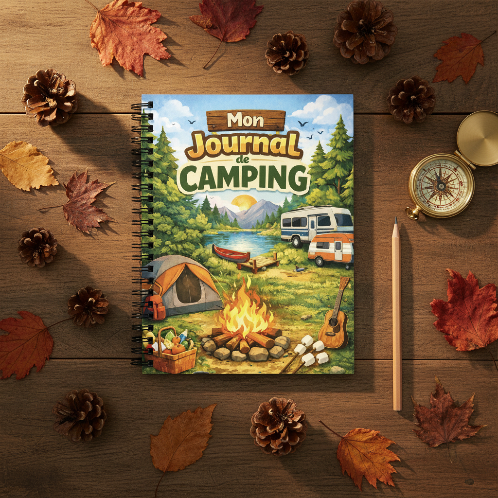 Mon Journal de Camping flat lay rustique avec accessoires plein air