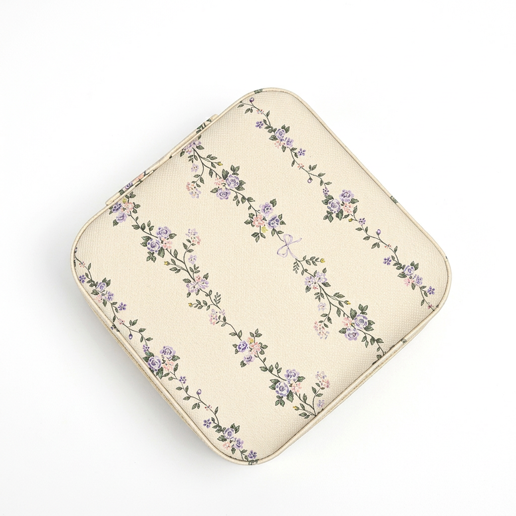 Mini boîte à bijoux de voyage Josslyn à fleurs lilas et roses sur fond blanc