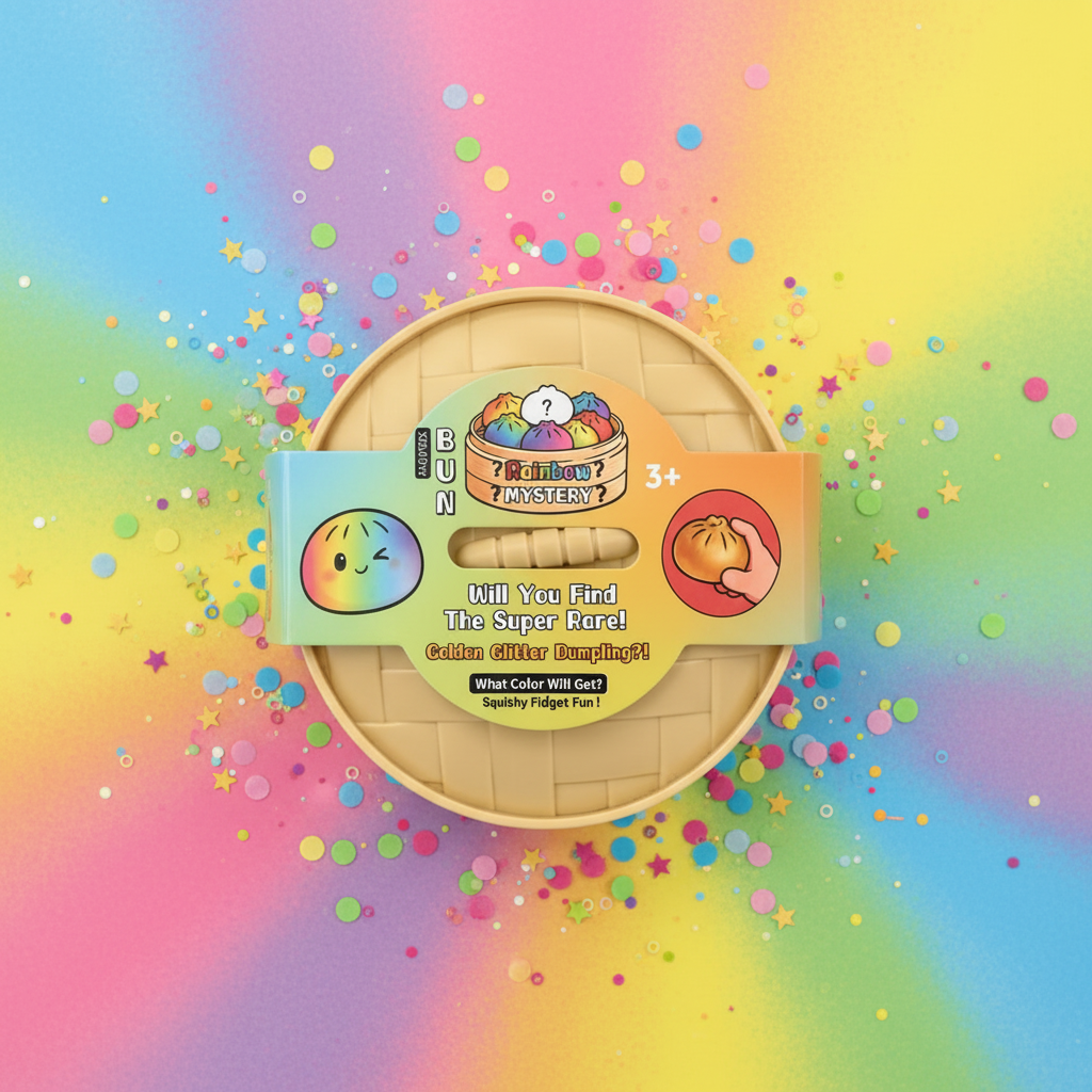 Squishy Bun Rainbow Mystery panier vapeur sur surface colorée avec confettis et arc-en-ciel