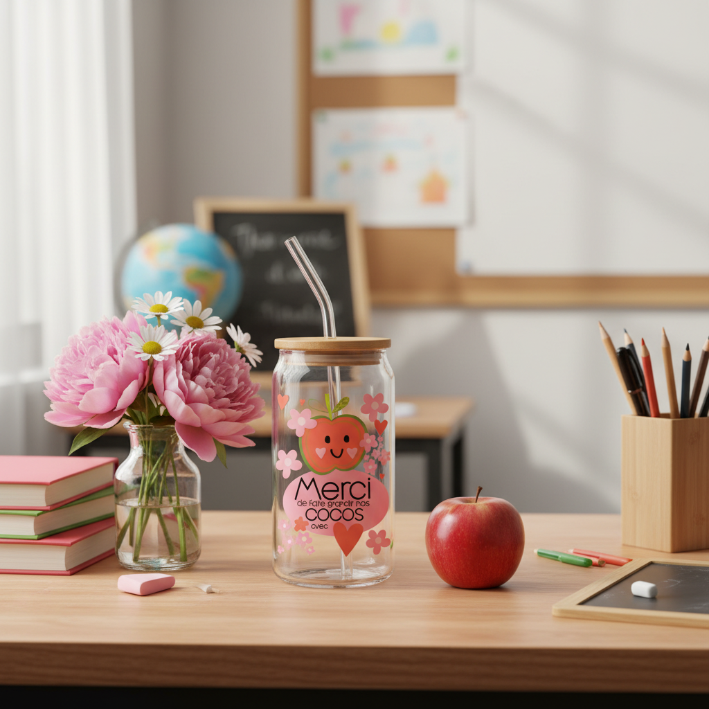 Verre Pom cadeau enseignant sur bureau avec fournitures scolaires