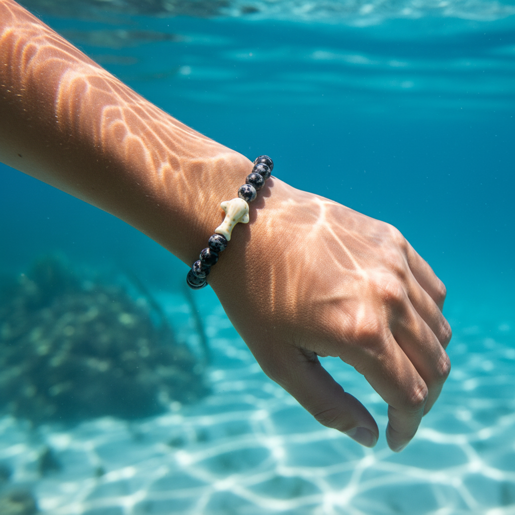 Bracelet Fahlo Requin Baleine porté au poignet près de l’océan